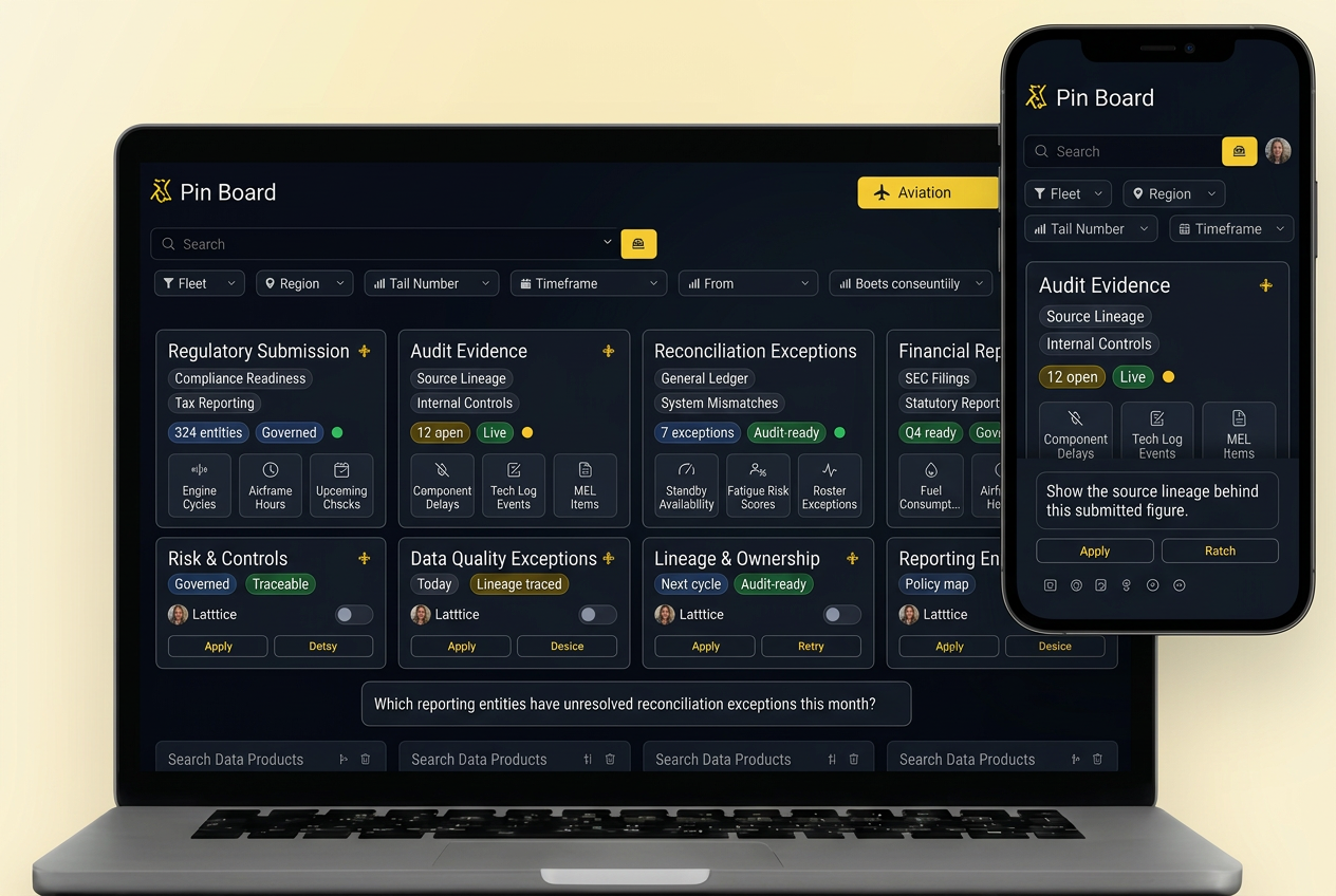 Latttice Pin Board showing regulatory reporting data products for submissions, audit evidence, reconciliation, compliance readiness, and lineage.