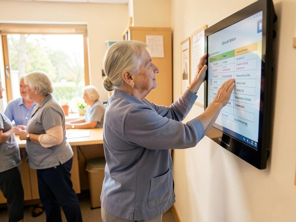 Care worker updating a task list on a screen at a nurses station