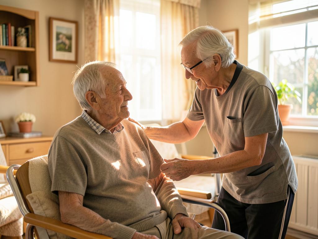 Care worker checking in with an older man in a sunlit residential care room