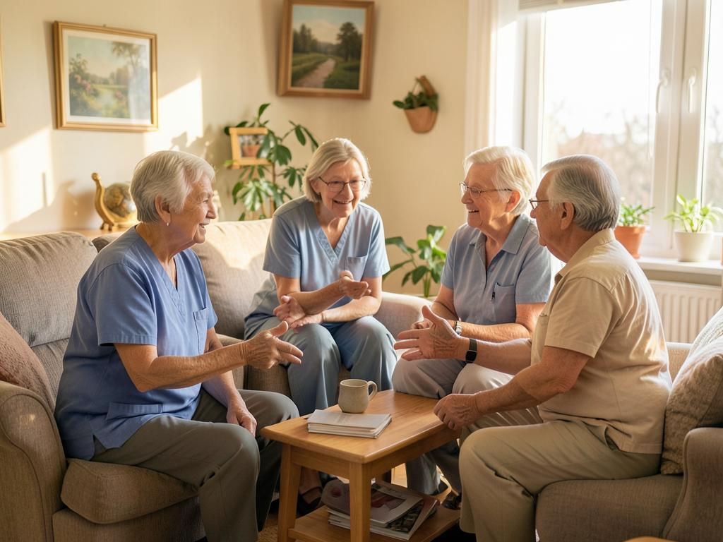Aged care staff in a short morning huddle in a homely lounge area