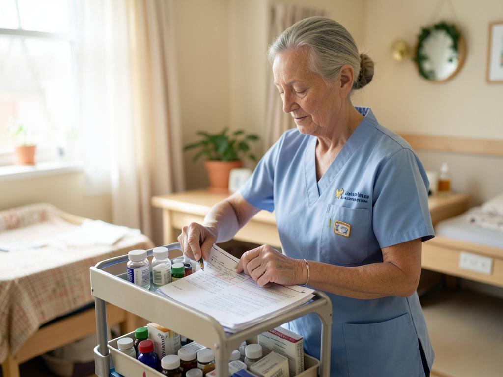 Nurse reviewing a medication chart at a trolley in an aged care home