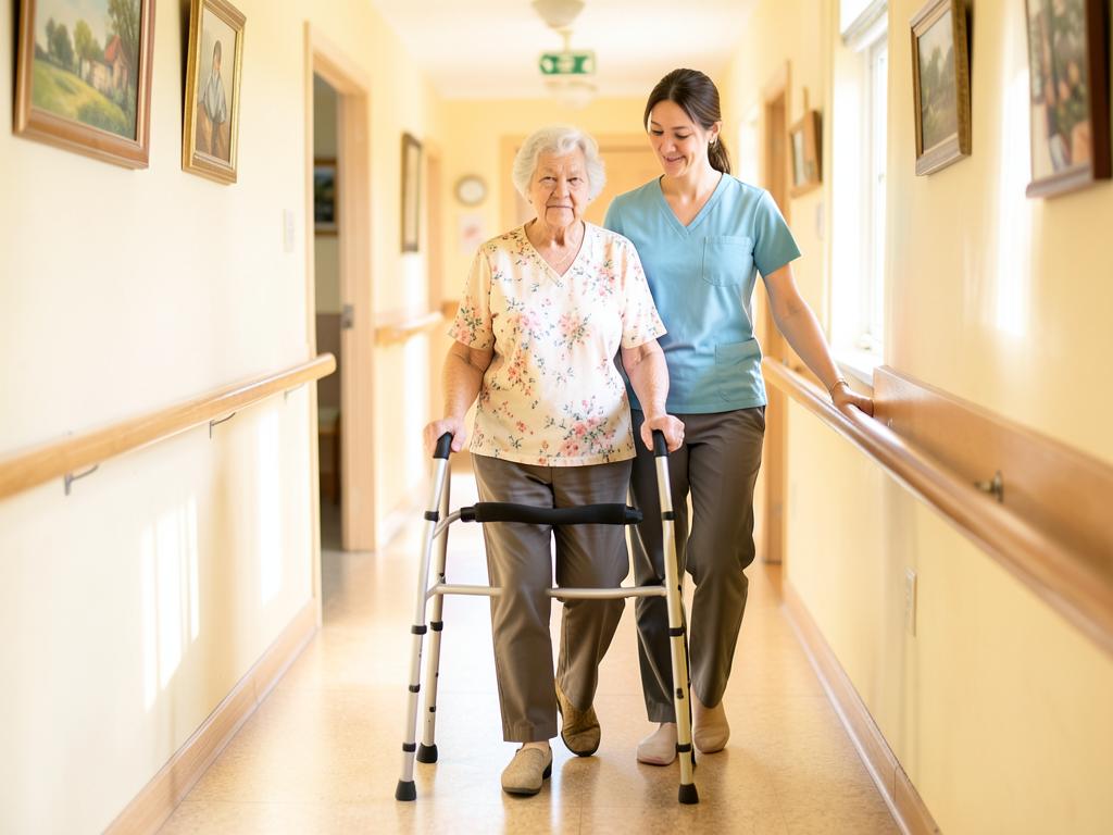 Older woman walking a bright corridor with a walking frame beside a care worker