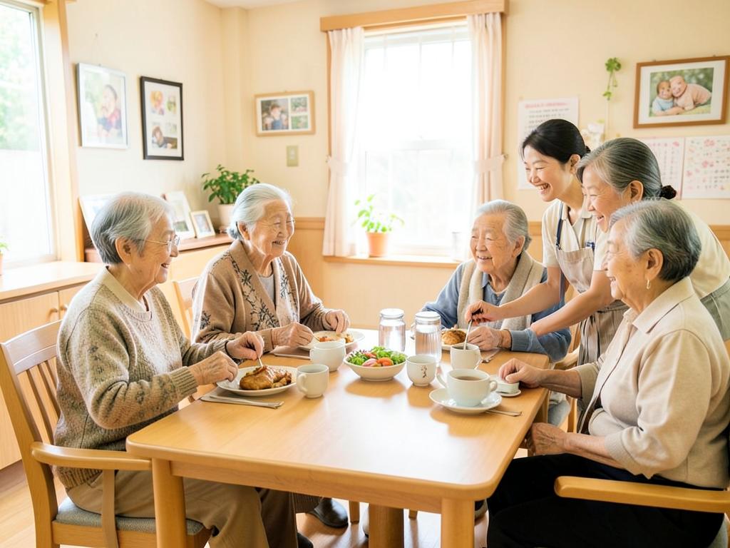 Residents sharing a meal at a bright dining table with a staff member serving tea