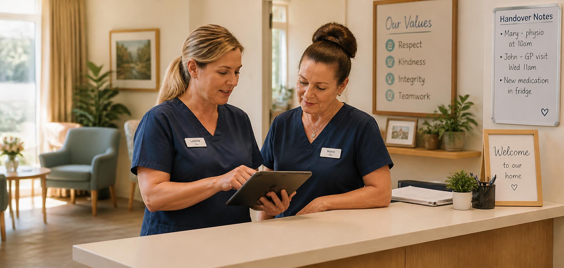 Two aged care staff reviewing handover notes together at a nurses station
