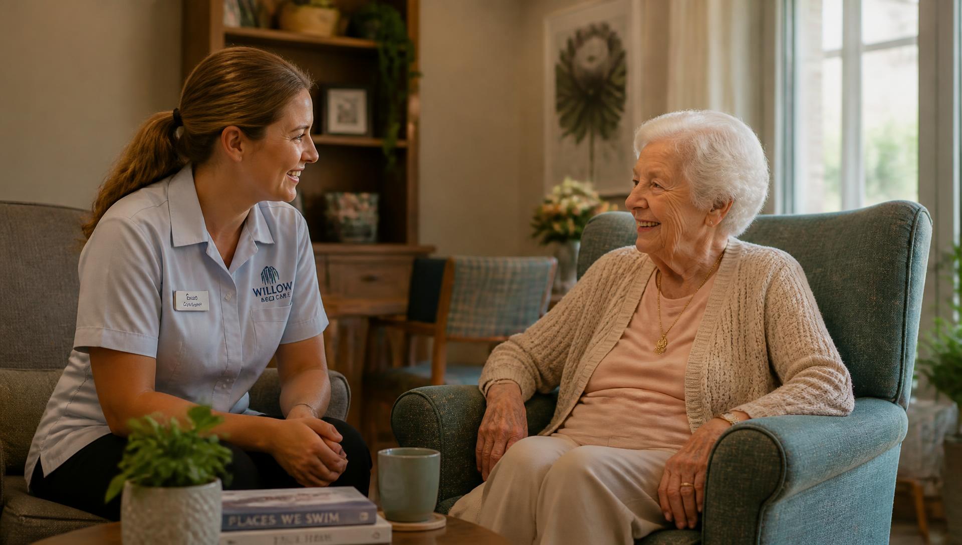 A care worker sitting and talking with an older woman in the lounge of an aged care residence