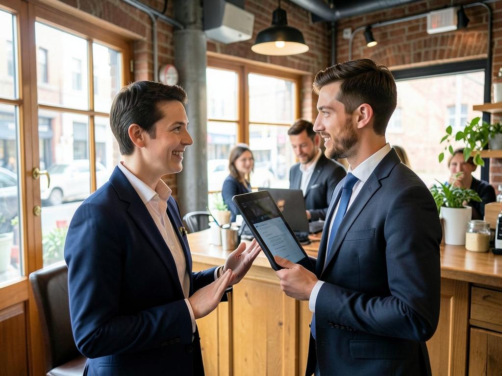 Sales representative discussing product range with a cafe owner