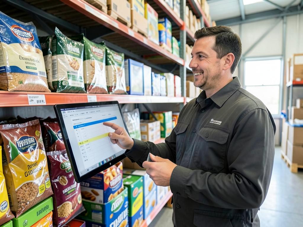 Inventory planner checking stock levels beside shelves of packaged goods