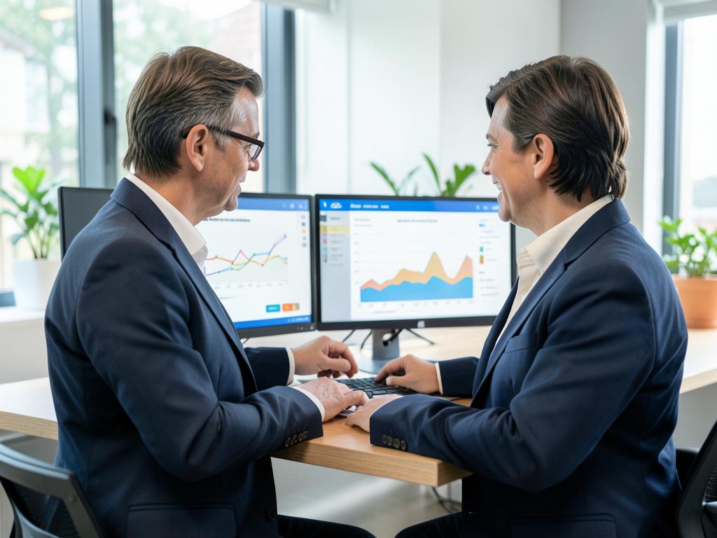 Two colleagues reviewing governed commercial dashboards together
