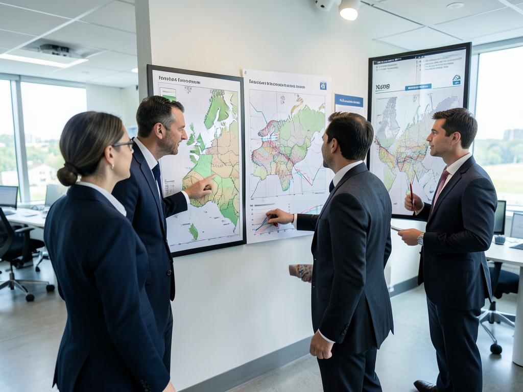 Commercial leaders reviewing regional growth maps on office wall displays