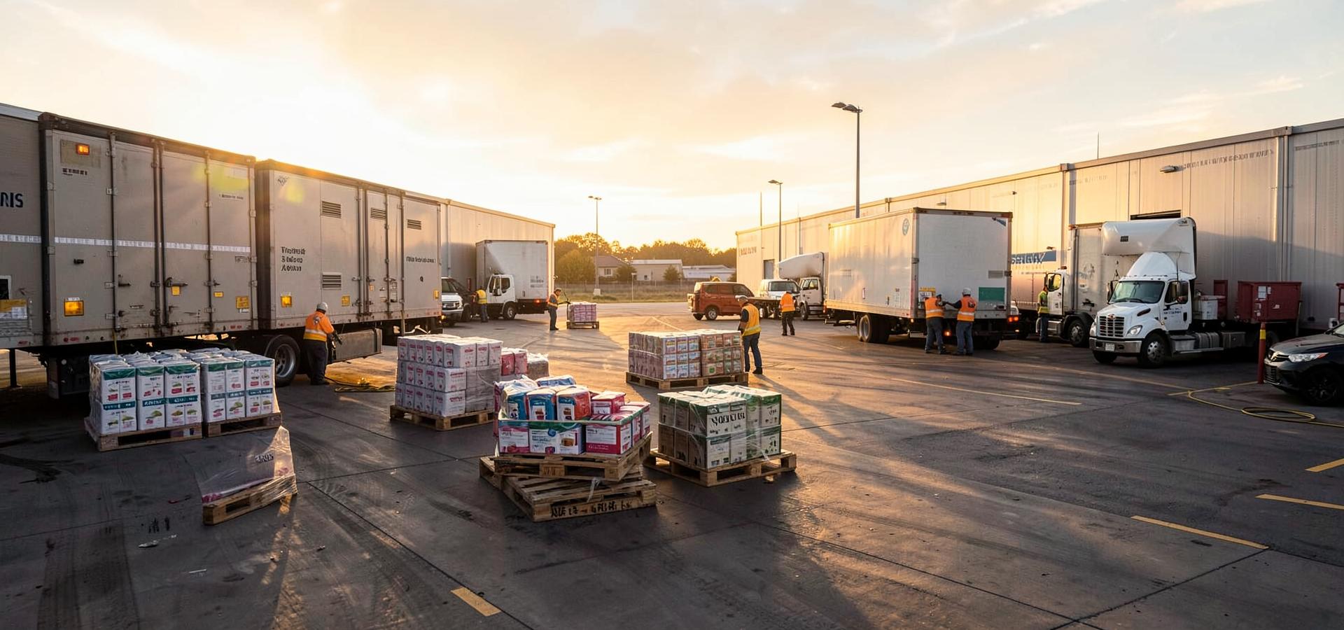 Distribution center loading pallets of consumer packaged goods at sunrise
