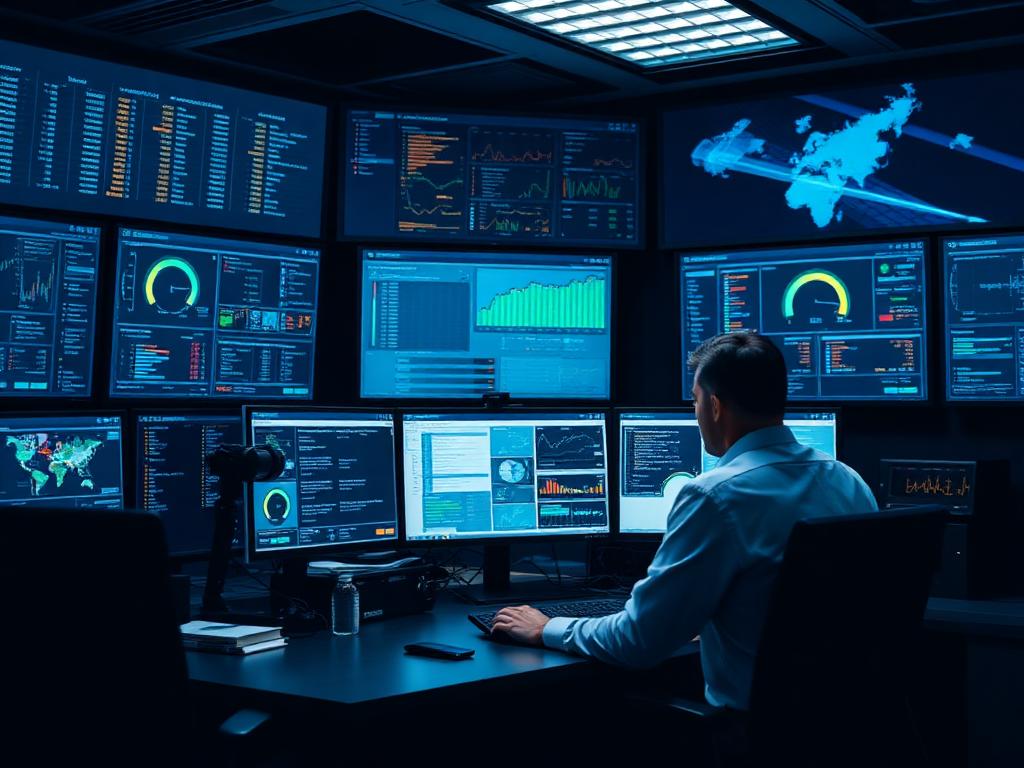 Analyst reviewing governance and audit dashboards in a secure operations room