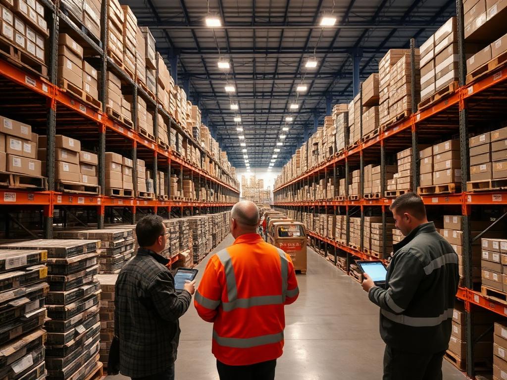 Workers reviewing inventory on tablets in a large defense logistics warehouse