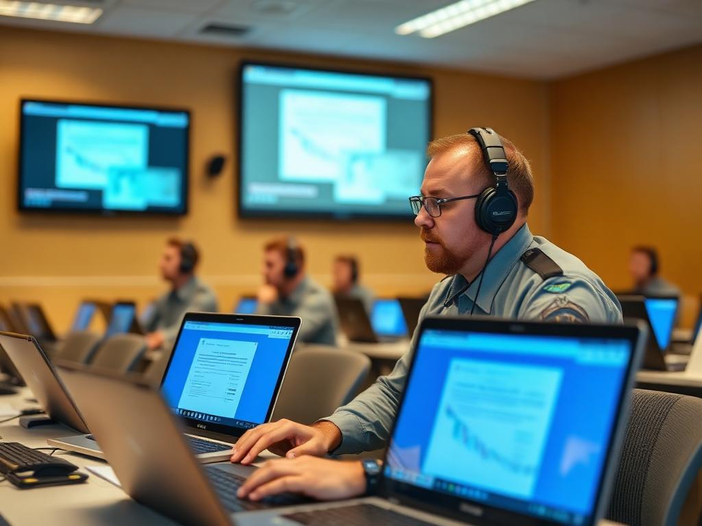 Defense personnel completing digital training and certification on laptops