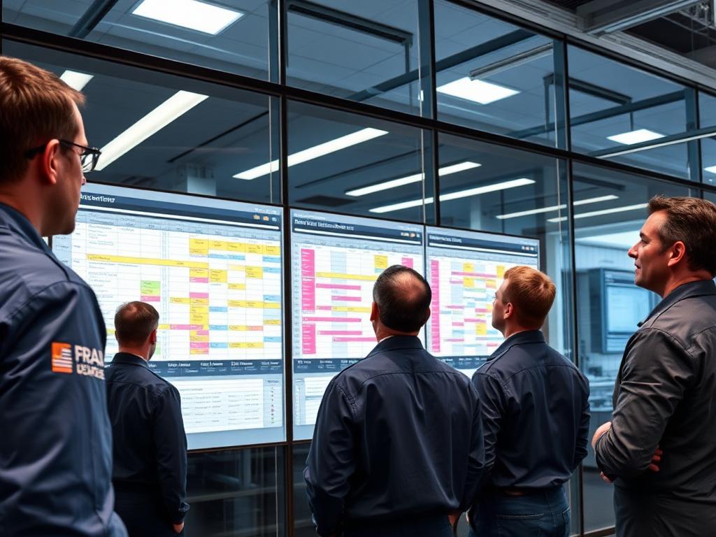 Program managers reviewing delivery schedules on wall displays in a program office
