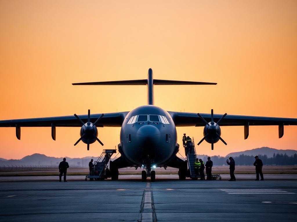 Ground crew performing readiness checks on a military transport aircraft at dawn