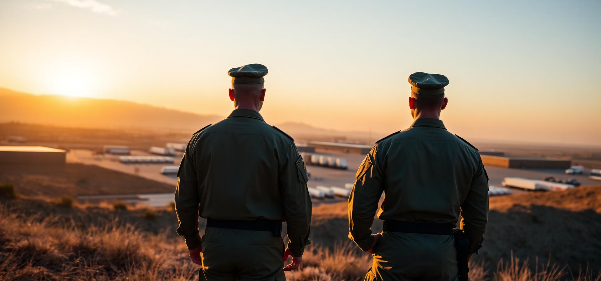 Defense logistics officers overlooking an operational staging area at sunrise