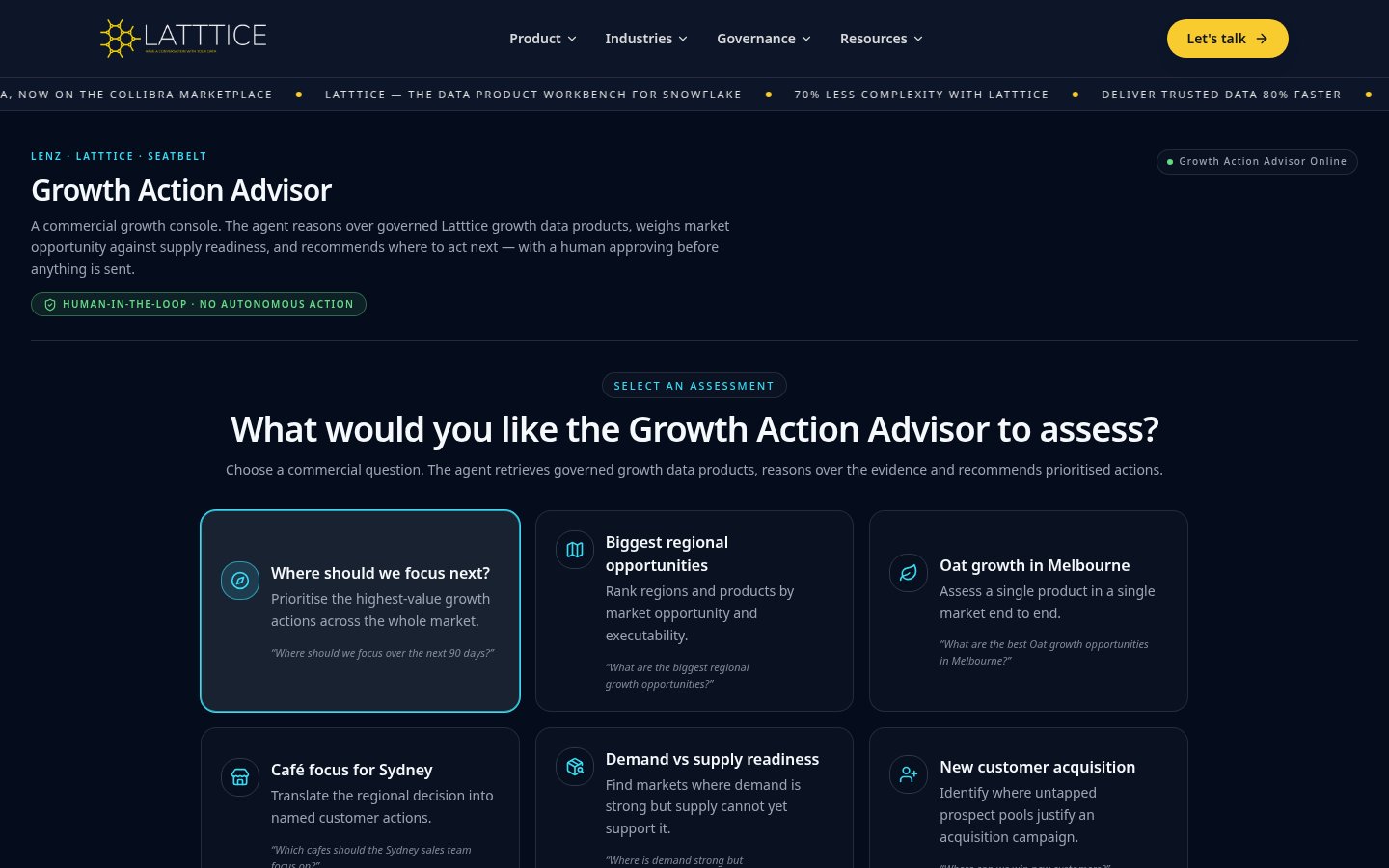 Growth Action Advisor console showing commercial questions the agent can assess