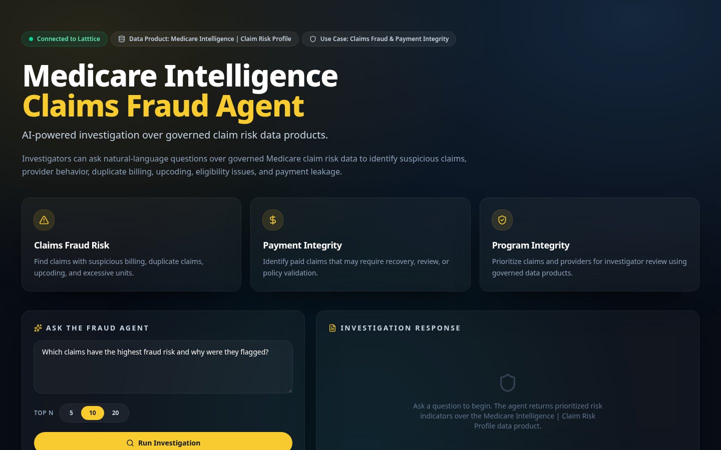 Medicare Intelligence Claims Fraud Agent console showing claim risk questions an investigator can ask