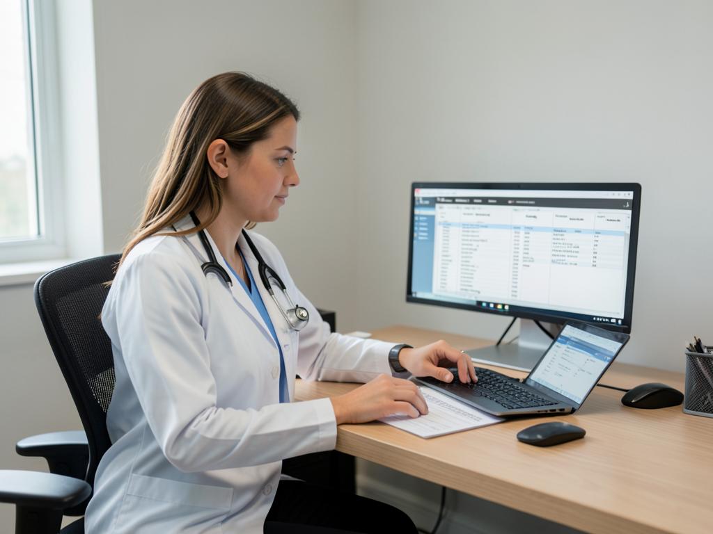 Medicare billing specialist comparing billing code documentation across two screens at a desk