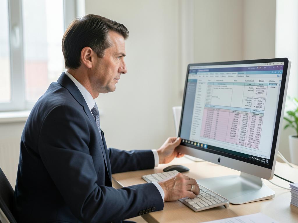 Claims reviewer examining a detailed Medicare claim record on a desktop screen in a quiet office