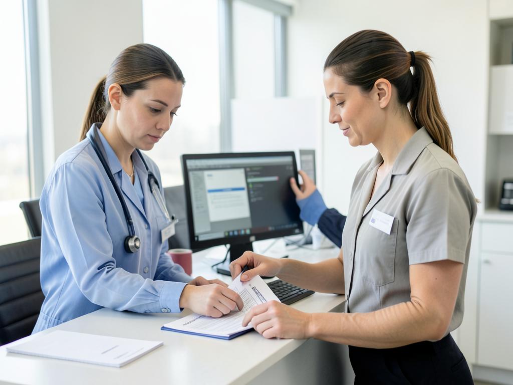 Medicare eligibility staff checking eligibility and authorization records at a service desk