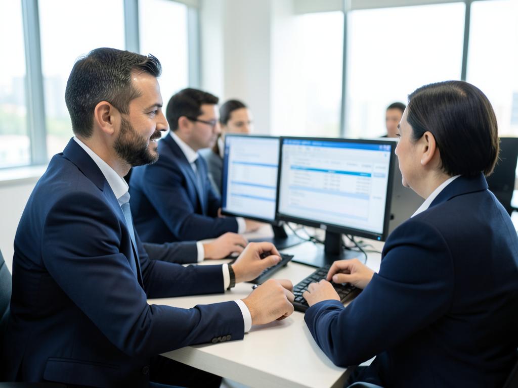 Medicare payment integrity team reviewing payment reconciliation data on dual monitors in a bright office