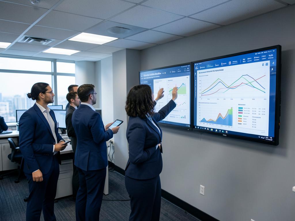 Medicare analyst team reviewing program performance trend dashboards on wall displays in an operations room