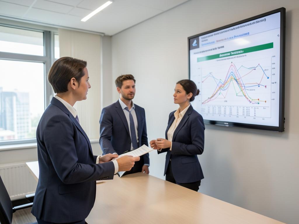 Medicare program analysts reviewing provider activity charts on a wall display in a meeting room