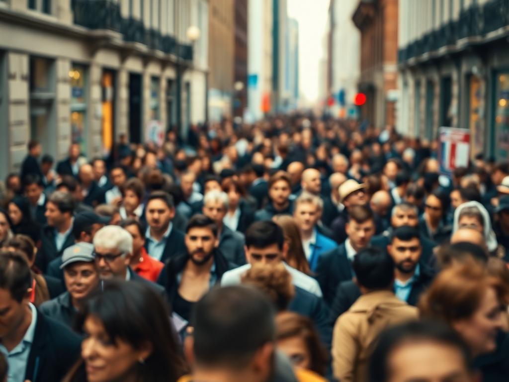 A large crowd of people in a city street representing media audiences