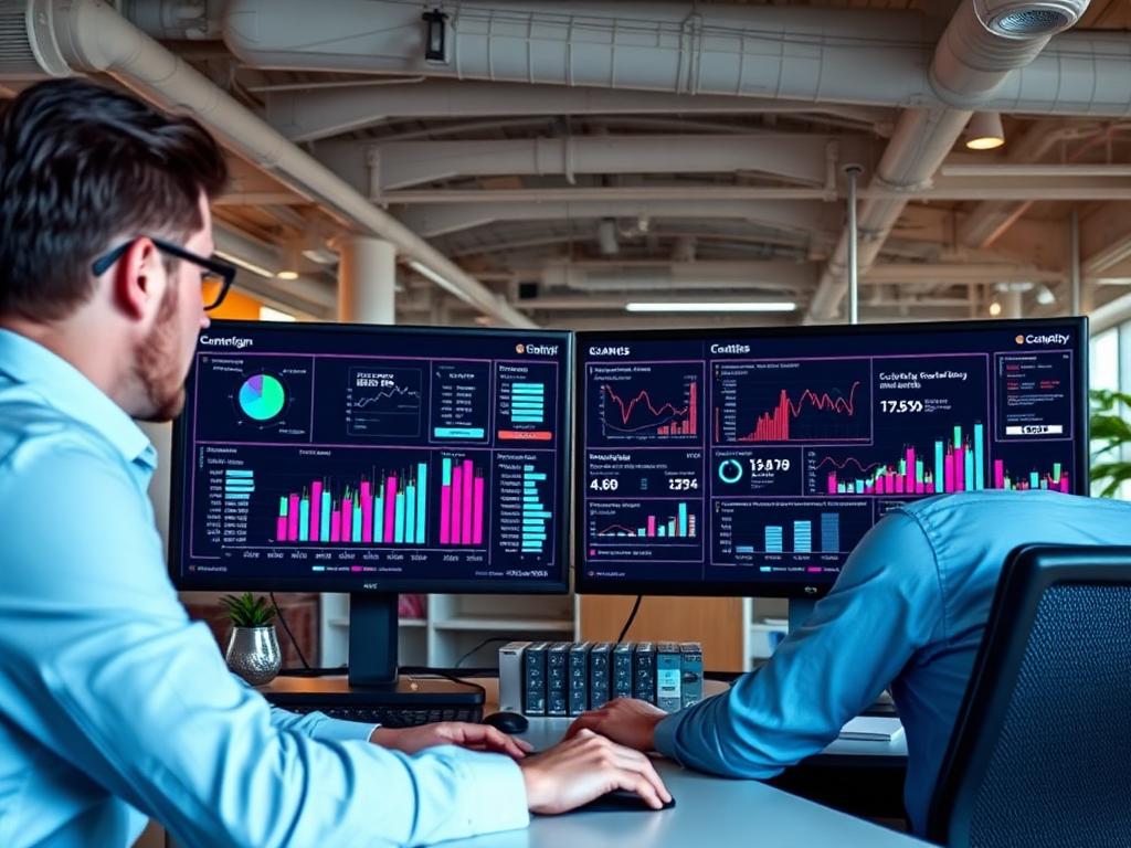 Marketing analysts reviewing campaign performance dashboards on large monitors