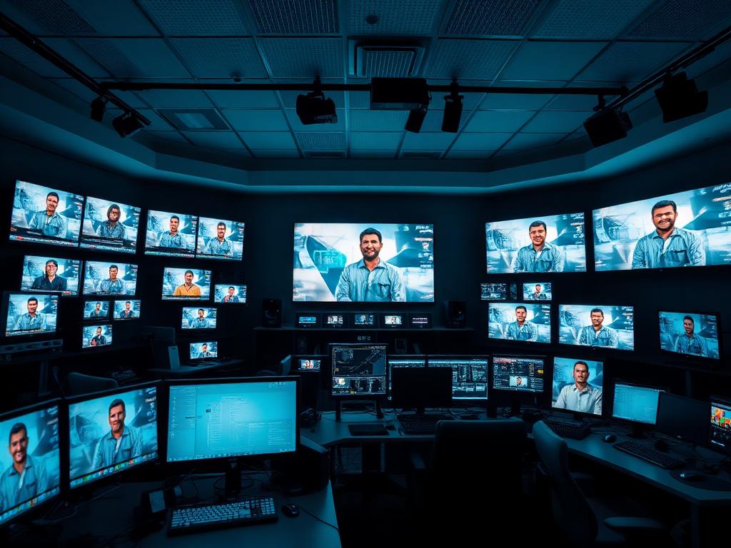 Television and streaming production control room with multiple program monitors