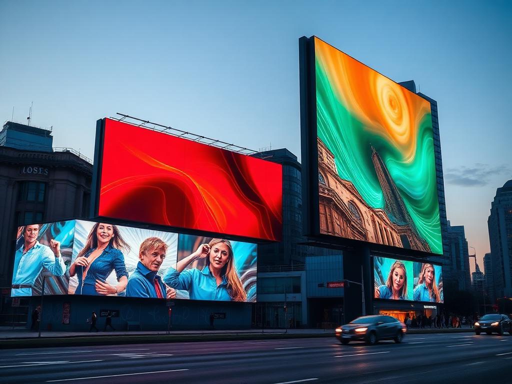 Large digital outdoor billboards and advertising screens at dusk