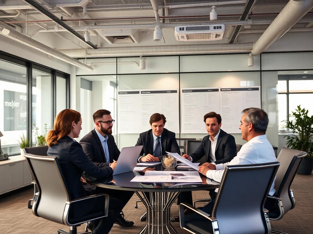 Advertising sales executives reviewing revenue reports in a boardroom
