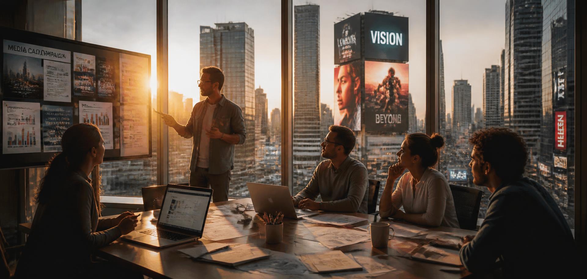 Media commercial team reviewing campaign plans at sunrise overlooking a city