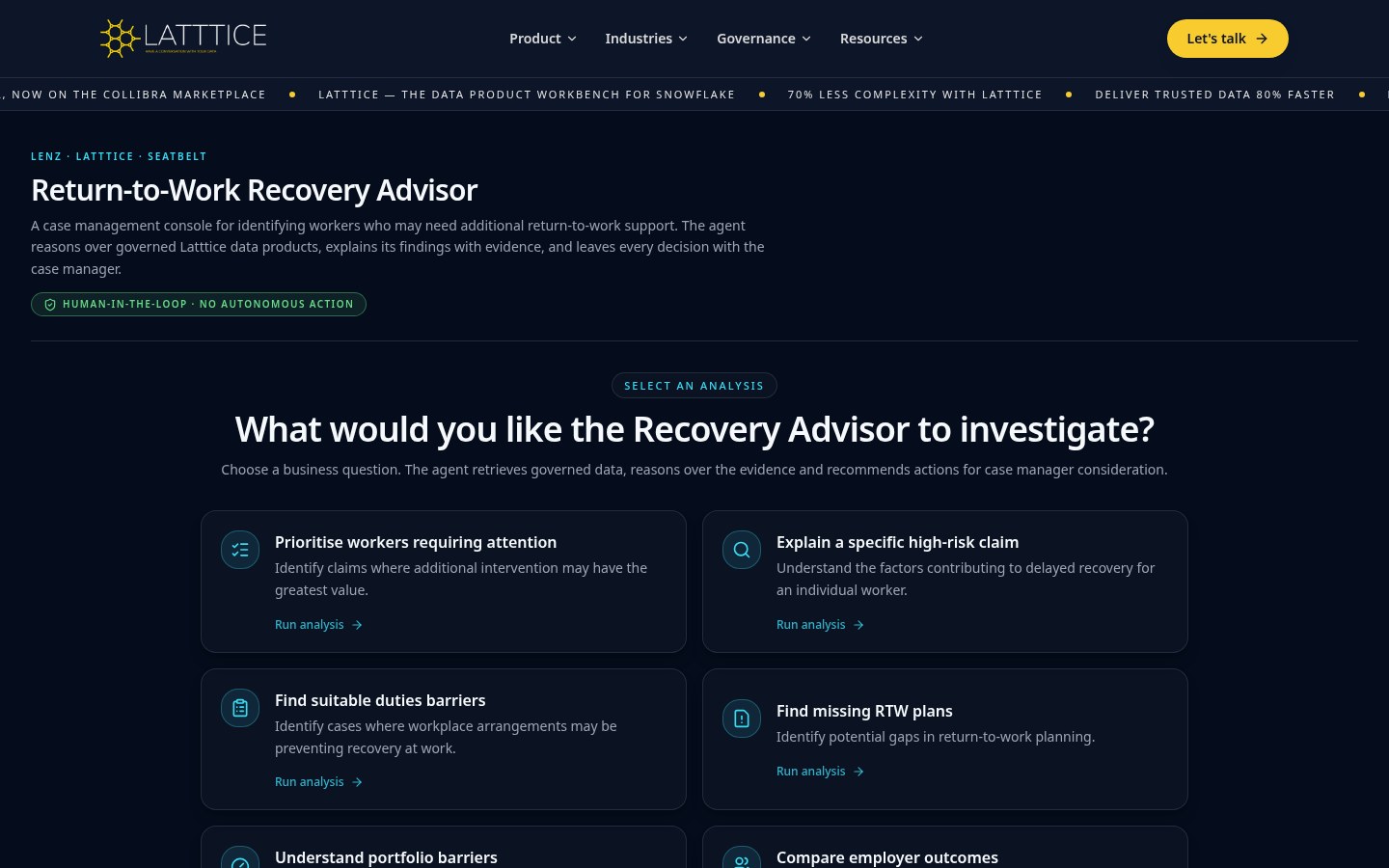 Return-to-Work Recovery Advisor console showing case questions the agent can investigate