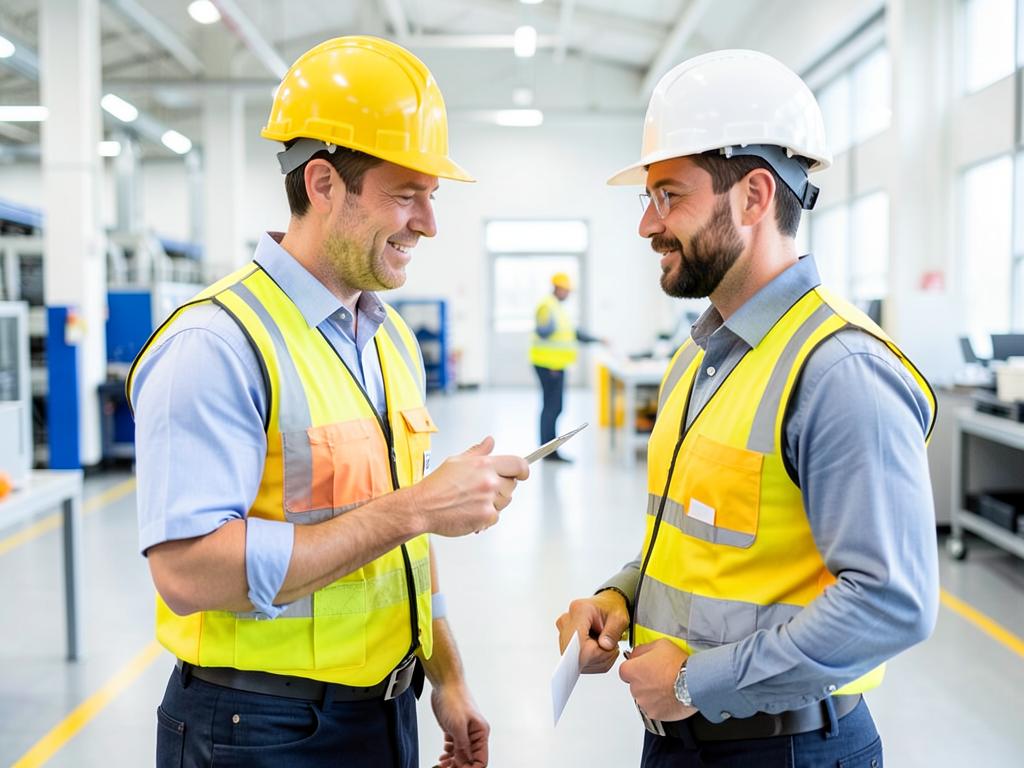 Supervisor and employee discussing suitable duties on a modern factory floor