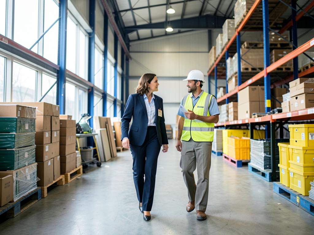 HR manager and safety officer walking through a warehouse discussing workplace arrangements