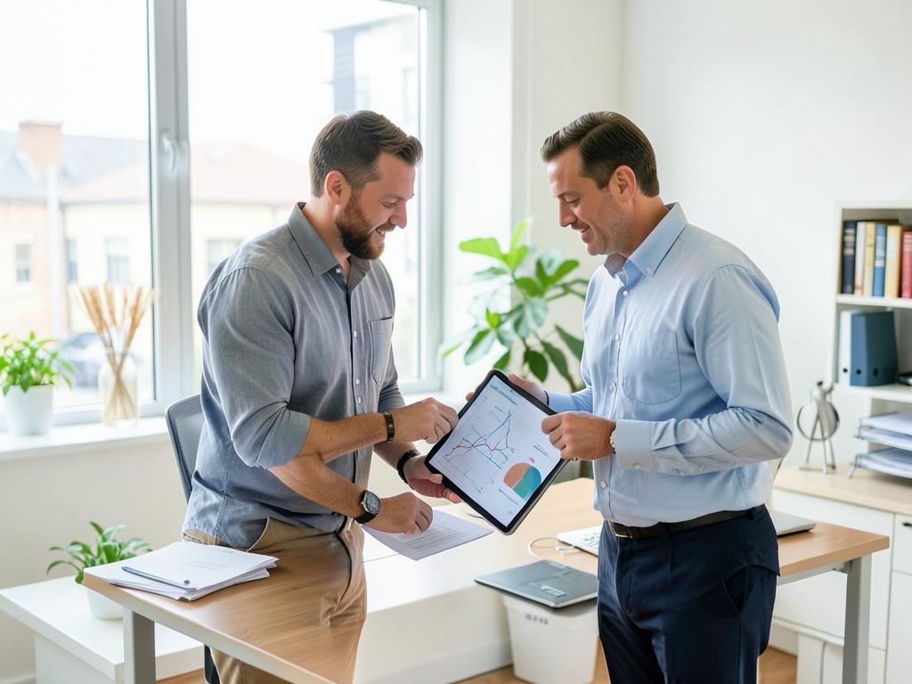 Two colleagues reviewing a return-to-work plan on a tablet at a standing desk