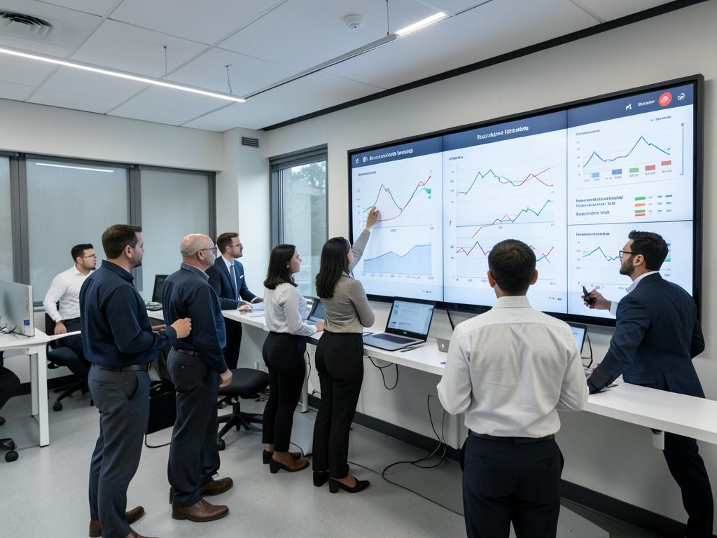 Analyst team reviewing portfolio performance trends on wall displays