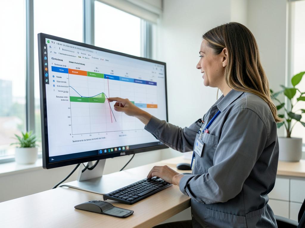 Case manager reviewing a worker's recovery progress on a large screen in a bright office