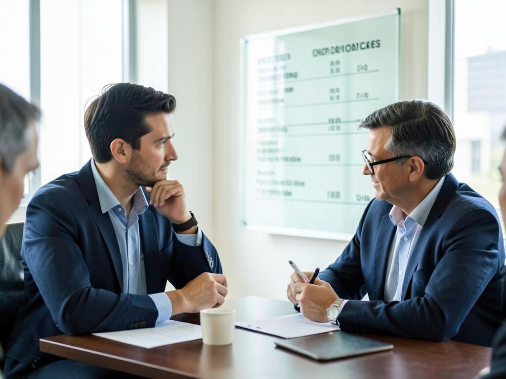 Two professionals discussing case priorities in a meeting room