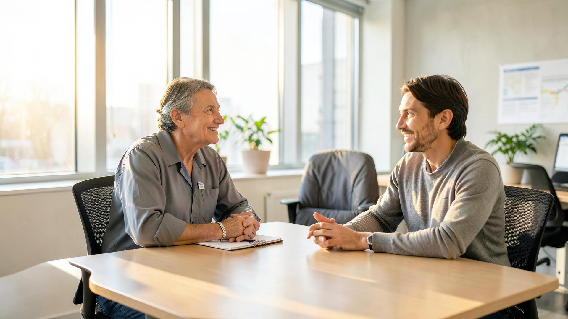 A case manager and a returning employee talking across a table in a bright office
